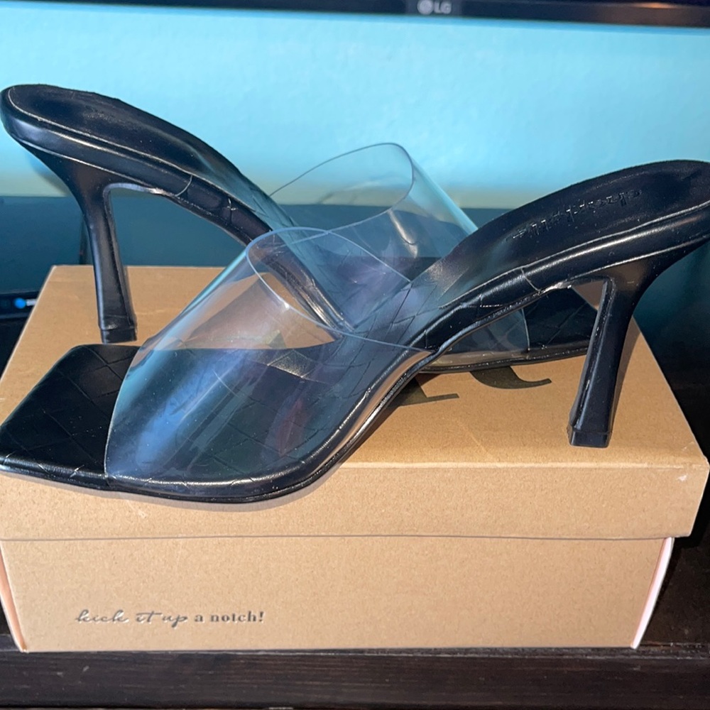 Black and clear square toed mules